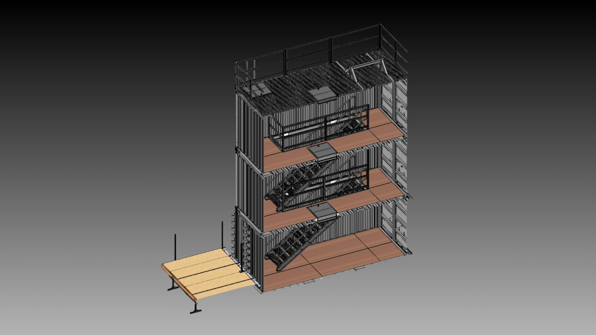Tower Series interior cutaway showing switchback stairs, floor hatches, and landings on each level
