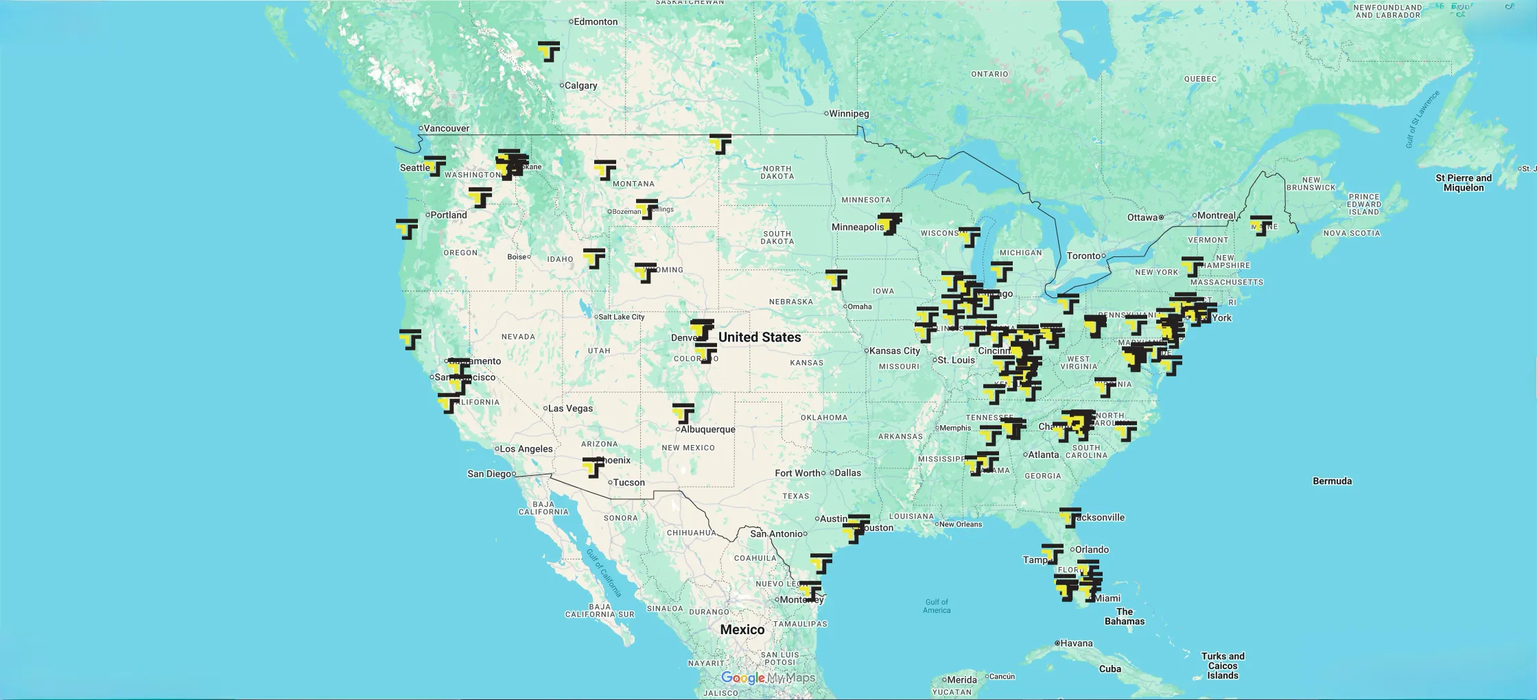 Map showing fire departments and training organizations across North America using Taylor'd firefighter training props