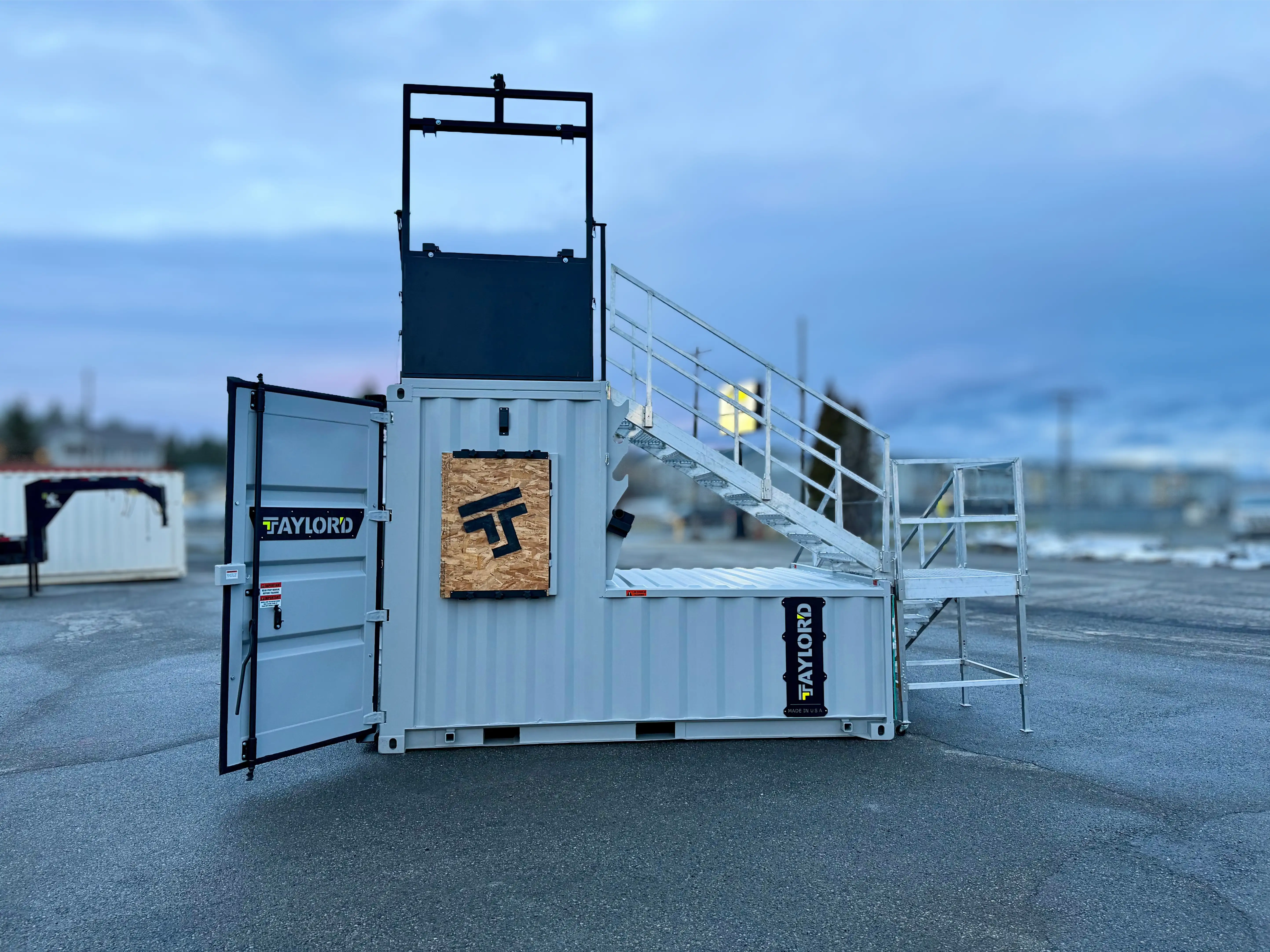 Front view of the Series 12 stair option with handrails and the raised bailout window frame