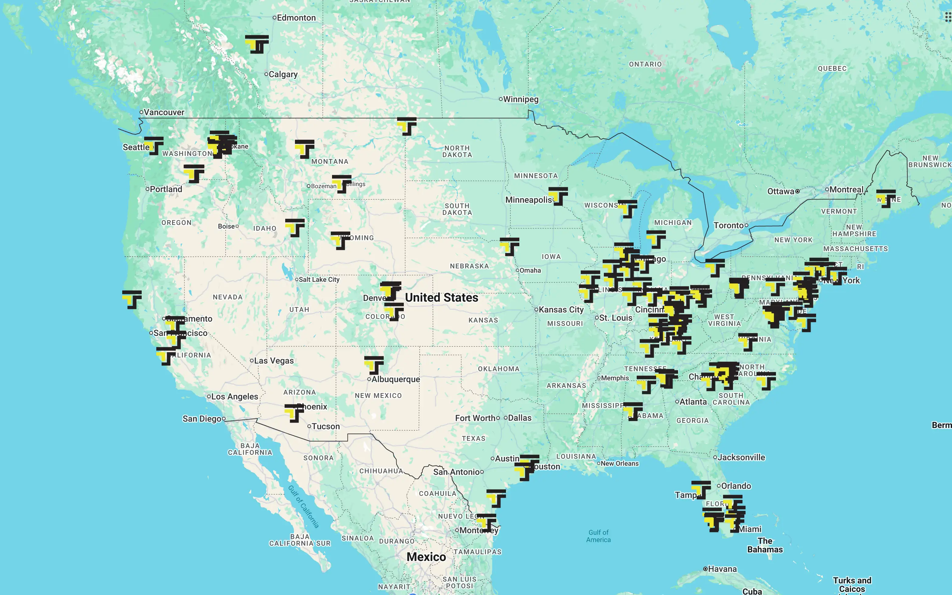 Map showing fire departments and training organizations across North America using Taylor'd firefighter training props